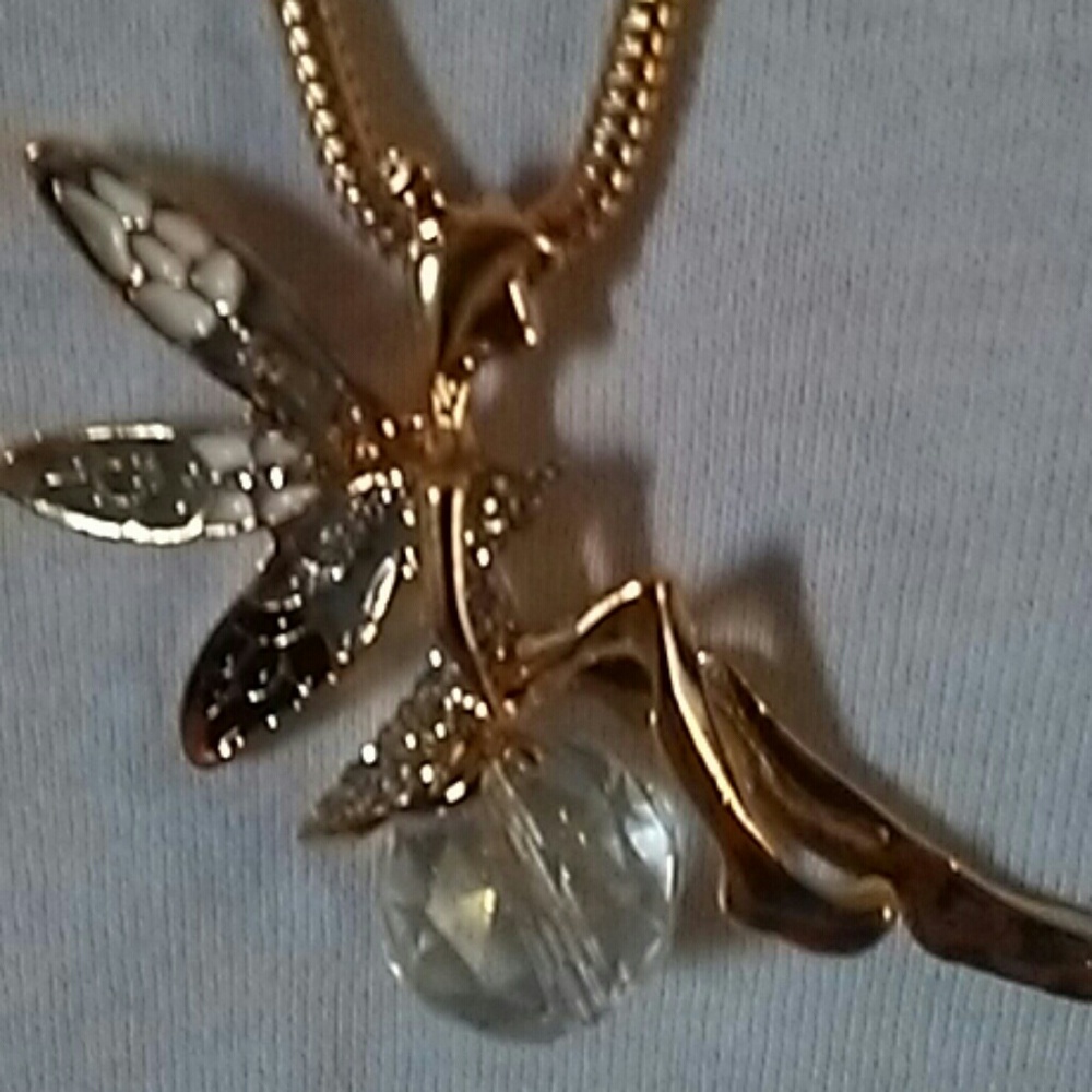 Gold-Tone Leaf Pendant Necklace with Clear Faceted Drop